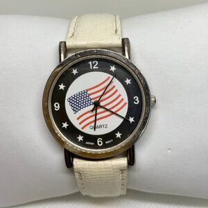 USA flag dial watch silver tone 35mm round quartz analog white leather running
